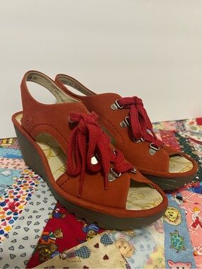 Fly London Red Ylfa Lace Up Peep Toe Wedges Sz 37